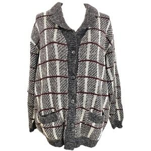 Vintage Grey & Burgundy Plaid Checkered Oversized Button Up Cardigan